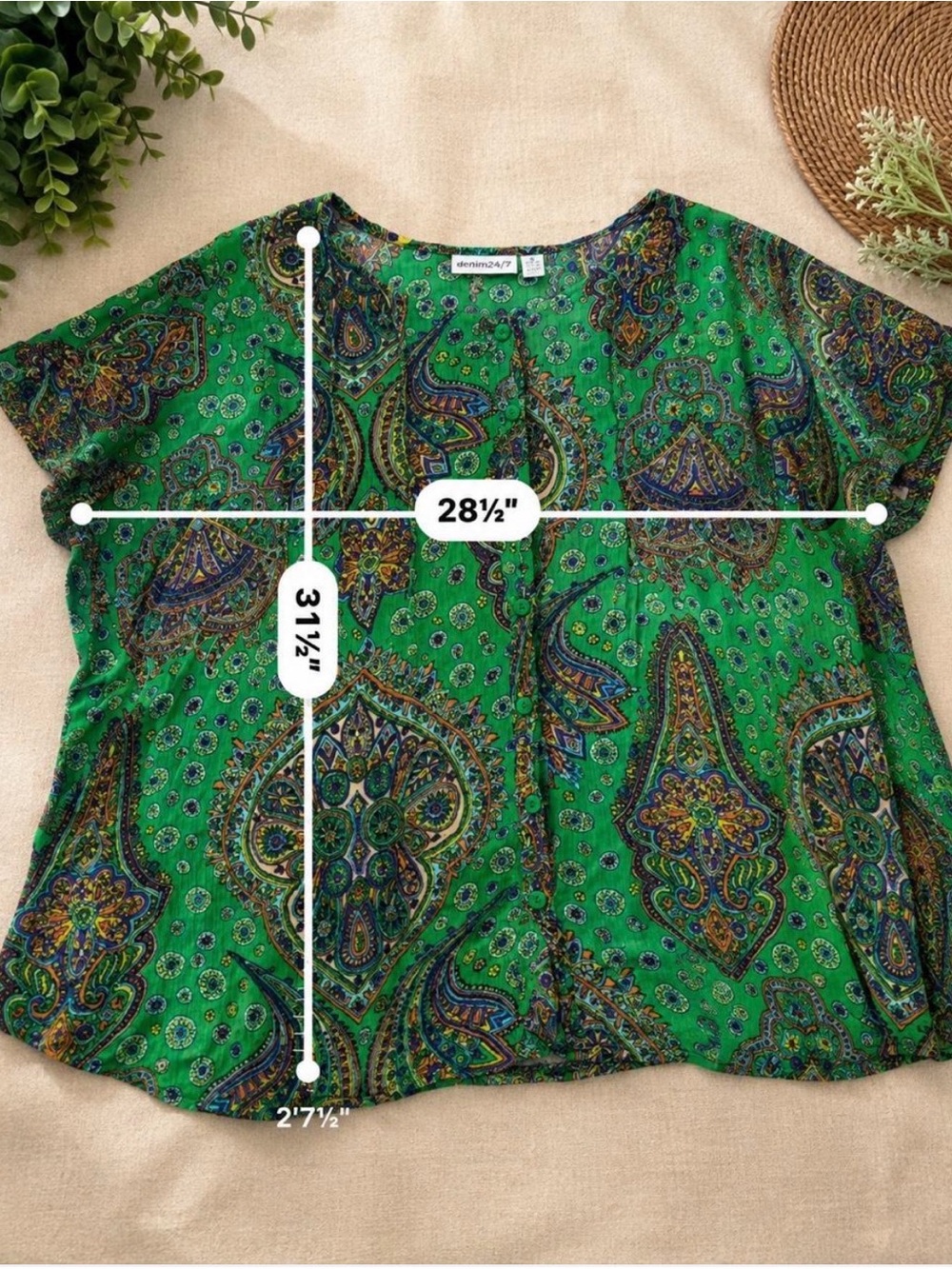 Green Paisley Boho Rayon Flutter Sleeve Blouse Plus Size Denim 24/7 4X - Picture 5 of 5